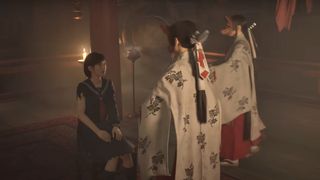 Hinako Shimizu sitting in a shrine with two masked woman approaching her during the reveal trailer for Silent Hill f.