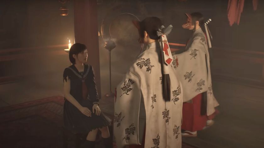 Hinako Shimizu sitting in a shrine with two masked woman approaching her during the reveal trailer for Silent Hill f. 