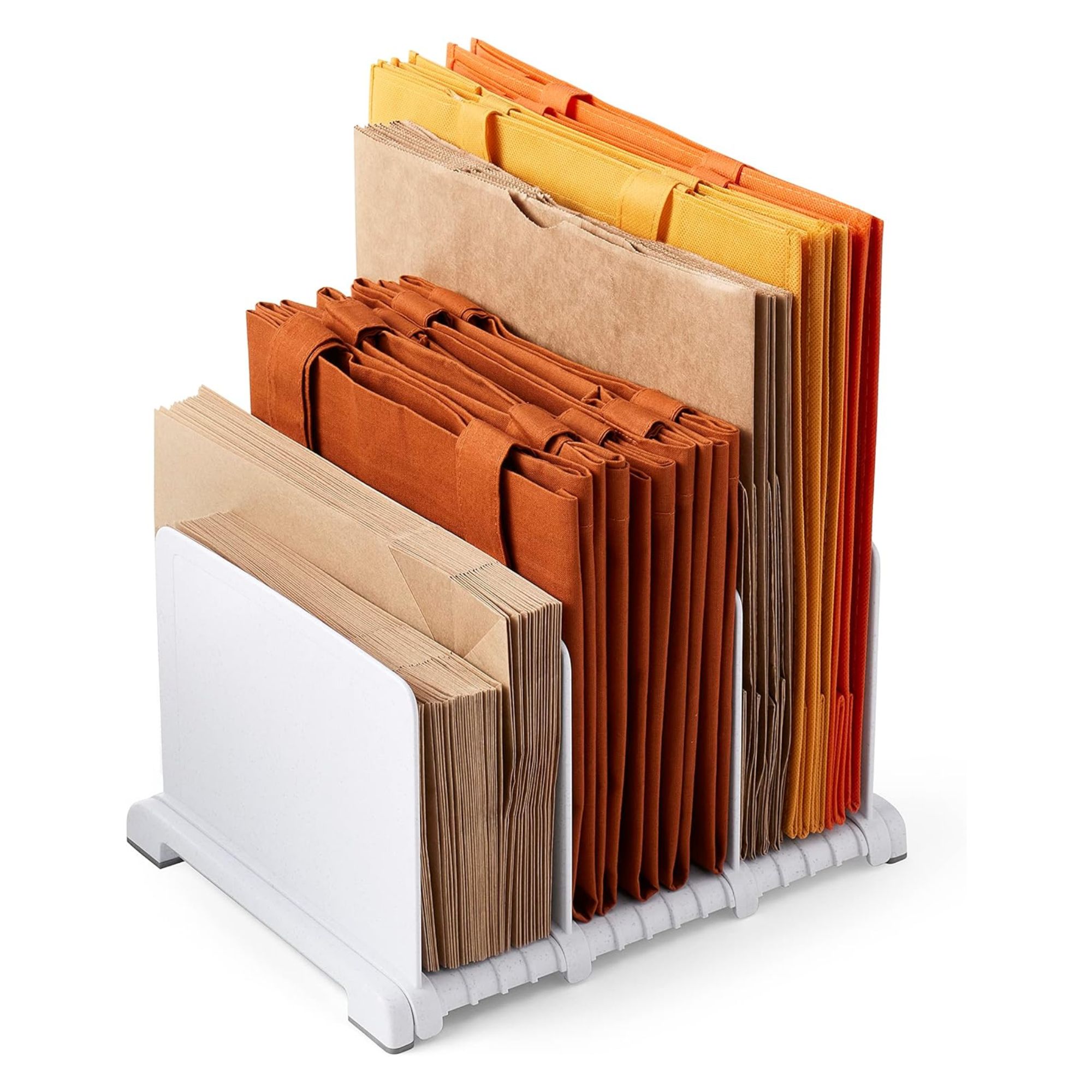 A white gift bag organizer with various orange and brown colored paper bags stored inside