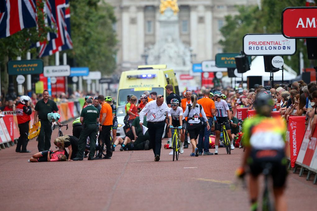 Carnage in the finishing straight at RideLondon Classique