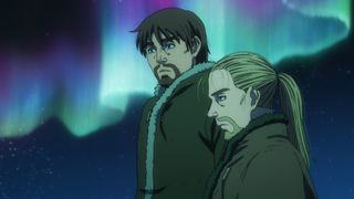 The northern lights overlooking Einar and Thorfinn in Iceland during the Vinland Saga season 2 finale