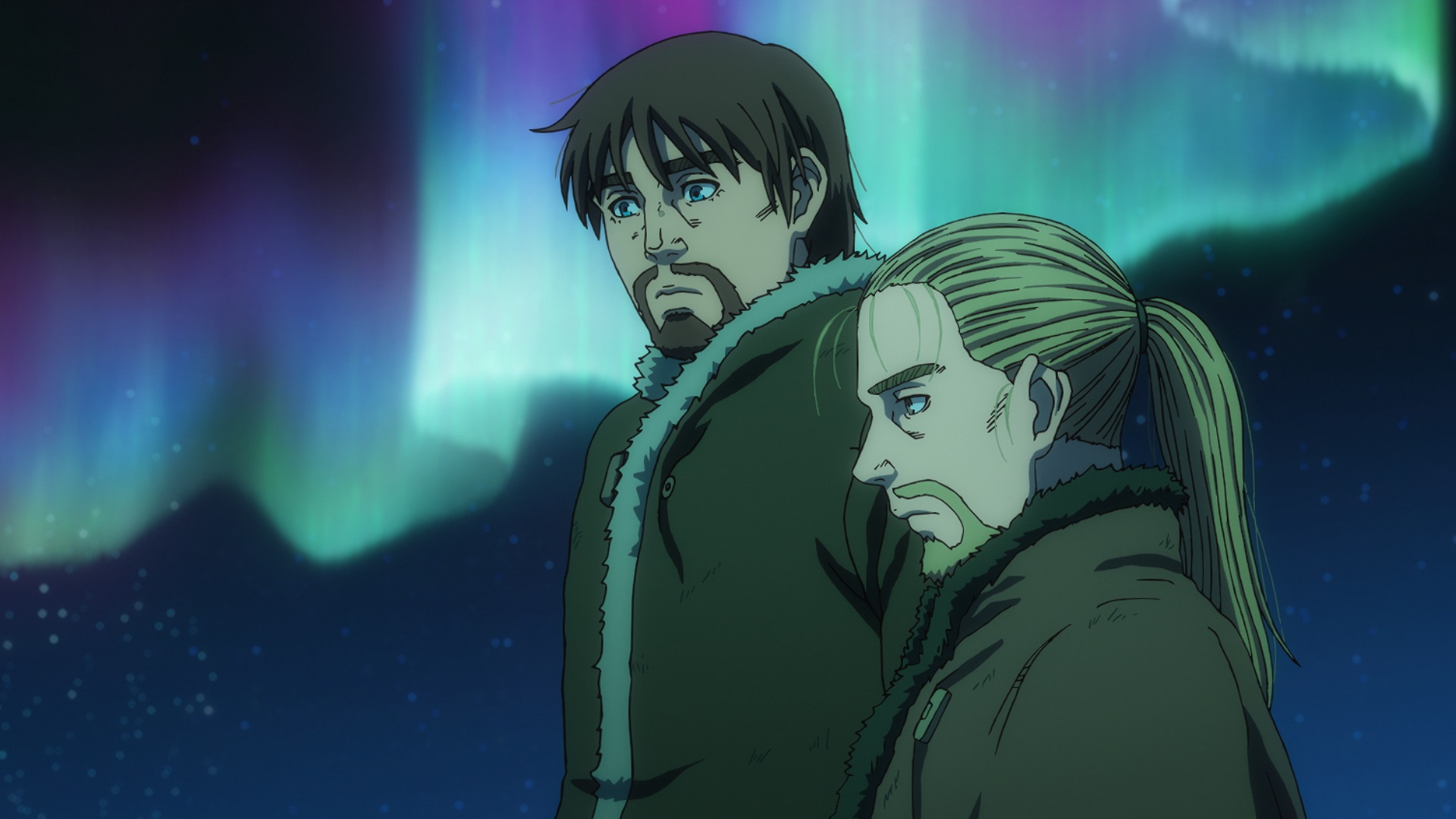 La aurora boreal con vistas a Einar y Torfin en Islandia en el final de la temporada 2 de Vinland Saga