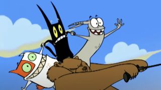 Gordon, Mr. Blik and Waffles ride a bear on Catscratch