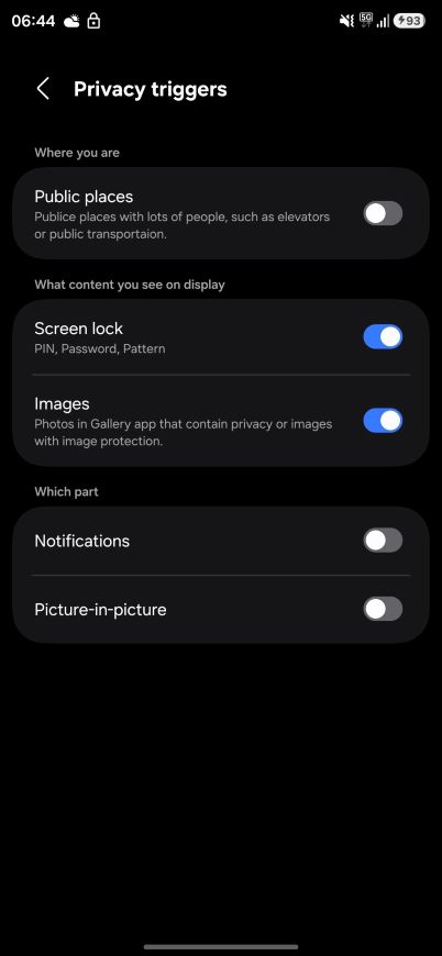Privacy display toggles in Galaxy S26 Ultra