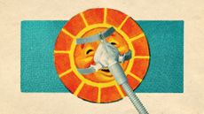 Illustrative collage of a sun with a face on it, wearing a CPAP mask