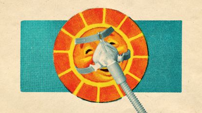 Illustrative collage of a sun with a face on it, wearing a CPAP mask