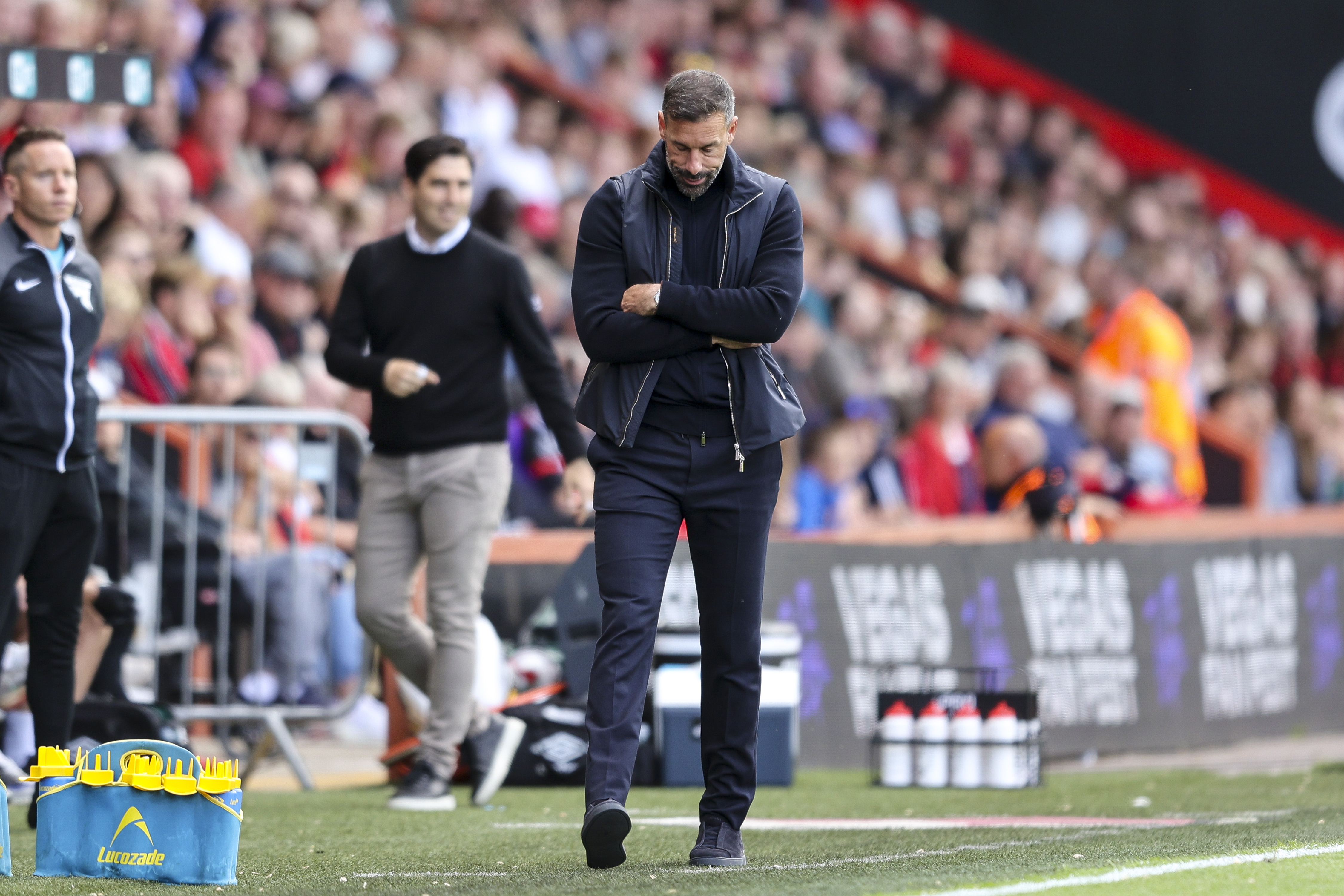 Ruud van Nistelrooy cuts a dejected figure on the touchline for Leicester