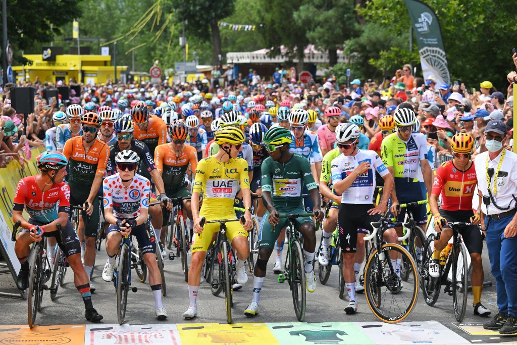 EMBRUN FRANCE JULY 19 LR Victor Campenaerts of Belgium and Team Lotto Dstny Jonas Vingegaard Hansen of Denmark and Team Visma Lease a Bike Polka Dot Mountain Jersey Tadej Pogacar of Slovenia and UAE Team Emirates Yellow Leader Jersey Biniam Girmay of Eritrea and Team Intermarche Wanty Green Sprint Jersey Remco Evenepoel of Belgium and Team Soudal QuickStep White Best Young Rider Jersey and Tobias Halland Johannessen of Norway and Team UnoX Mobility prior to the 111th Tour de France 2024 Stage 19 a 1446km stage from Embrun to Isola 2000 2022m UCIWT on July 19 2024 in Embrun France Photo by Tim de WaeleGetty Images