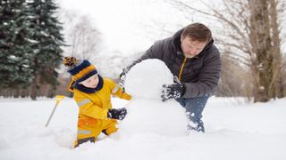 Image of a man and boy building a snowman