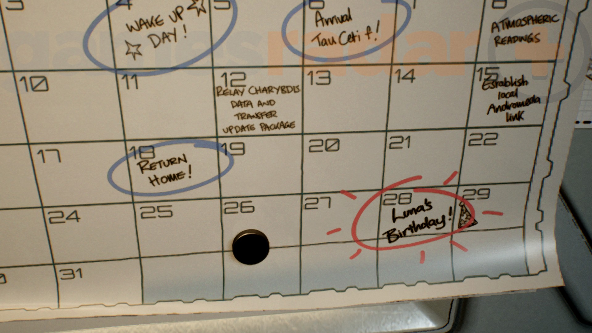 Luna's birthday, the solution to Carter's PC key code in Directive 8020, on a wall calendar.