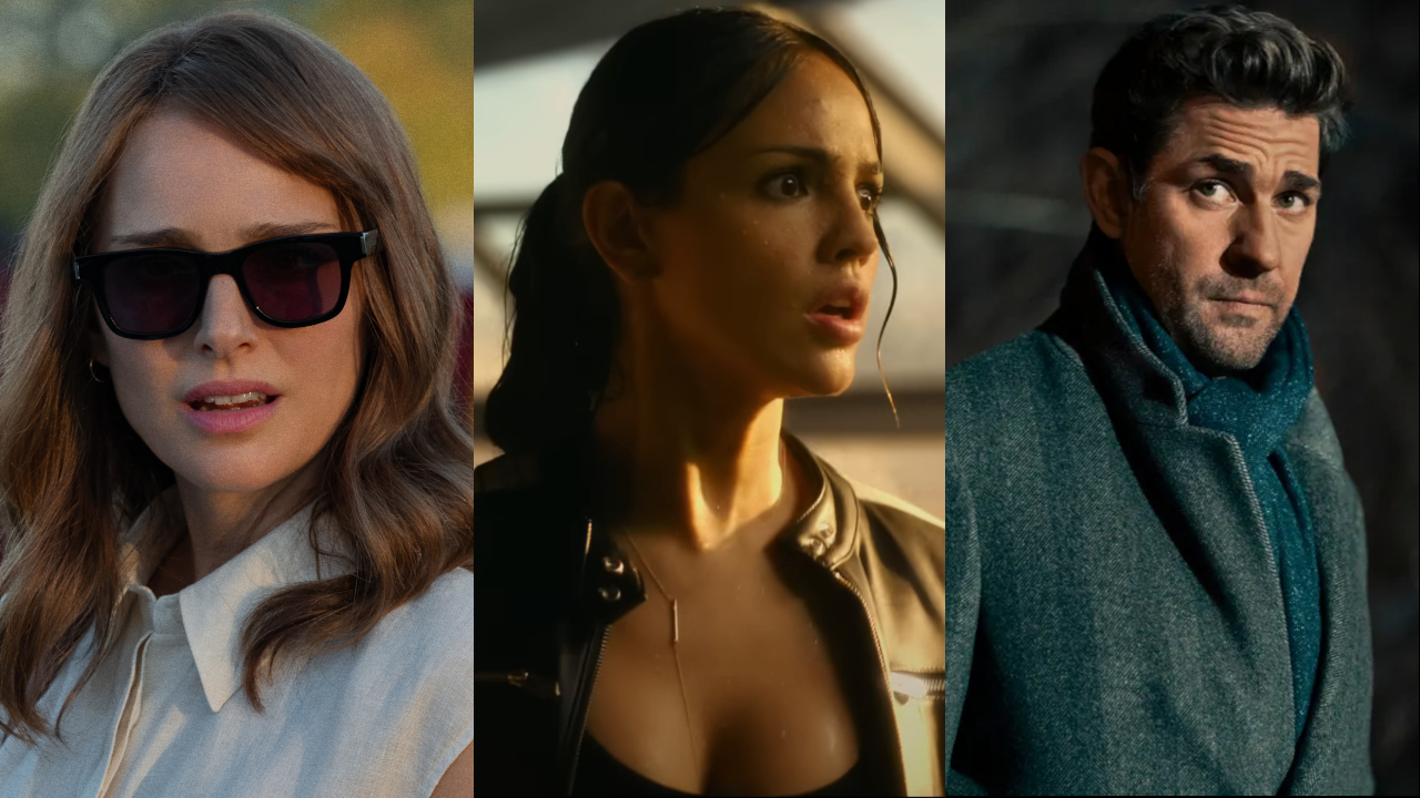 Natalie Portman looking taken aback in sunglasses in May December, Eiza Gonzalez pictured in shock in Godzilla vs. Kong, and John Krasinski pictured at night in a scarf and coat in Tom Clancy's Jack Ryan, pictured side by side.