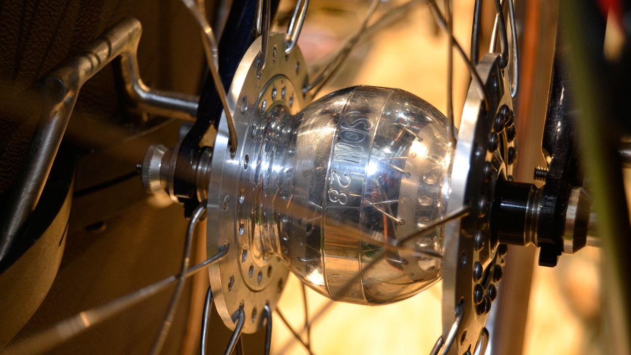 So that the spare spokes could be used on either wheel, Victore made up this super-large flange front hub to make the spoke lengths equal to the rear