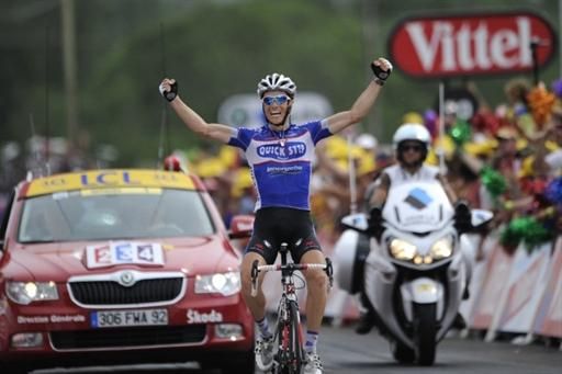 Sylvain Chavanel (Quick Step) celebrates victory in stage seven of the Tour de France