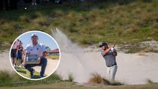 Main image of Bryson DeChambeau hitting a bunker shot on 18 during the final round of the 2024 US Open - inset photo of DeChambeau holding up the plaque which now sits beside the same bunker