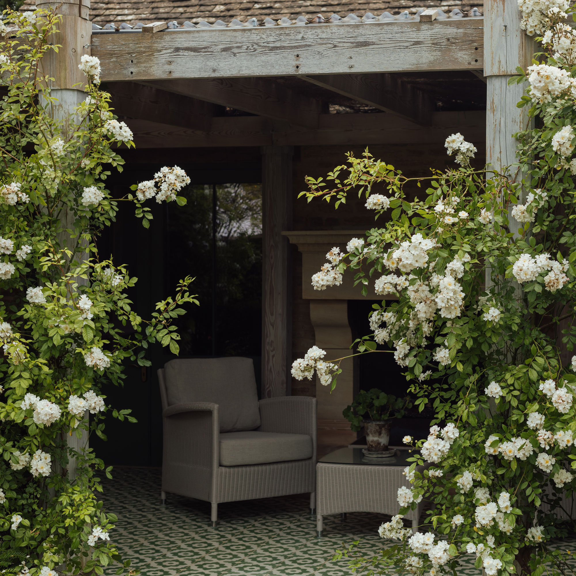 Garden furniture arranged in an alcove surrounded by climbing plants