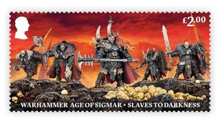 A stamp featuring a photo of Warhammer Warriors of Chaos miniatures.