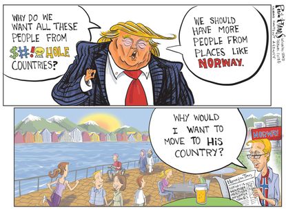 Political cartoon U.S. Trump racist comments Norway