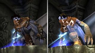 A screenshot from Legacy of Kain Soul Reaver 1&2 Remastered showing the upgraded visuals in a side-by-side comparison