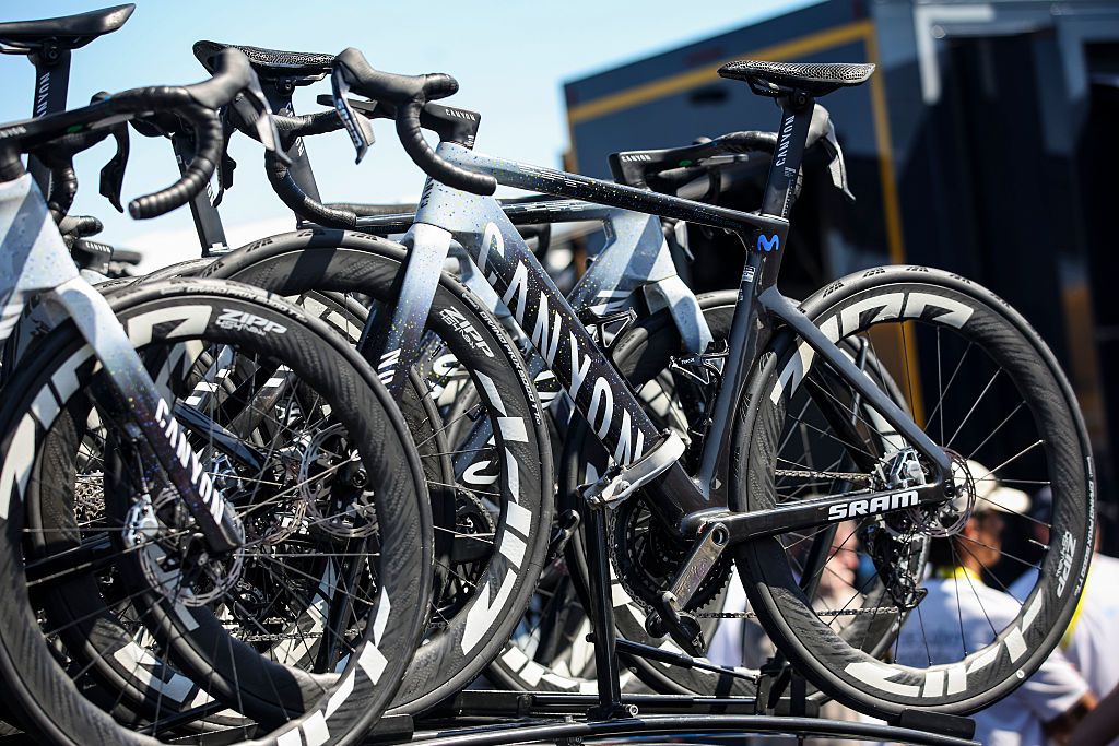 Movistar Team rides Canyon bikes during the Grand Depart Barcelone 2026 at Stage 1 Team Time-Trial, covering 19.6 km from Barcelona to Barcelona