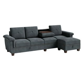 Walsunny Convertible Sectional Sofa L Shaped Couch With Storage Chaise, 4-Seater Reversible Sectional Couch With Cup Holders for Living Room Dark Grey