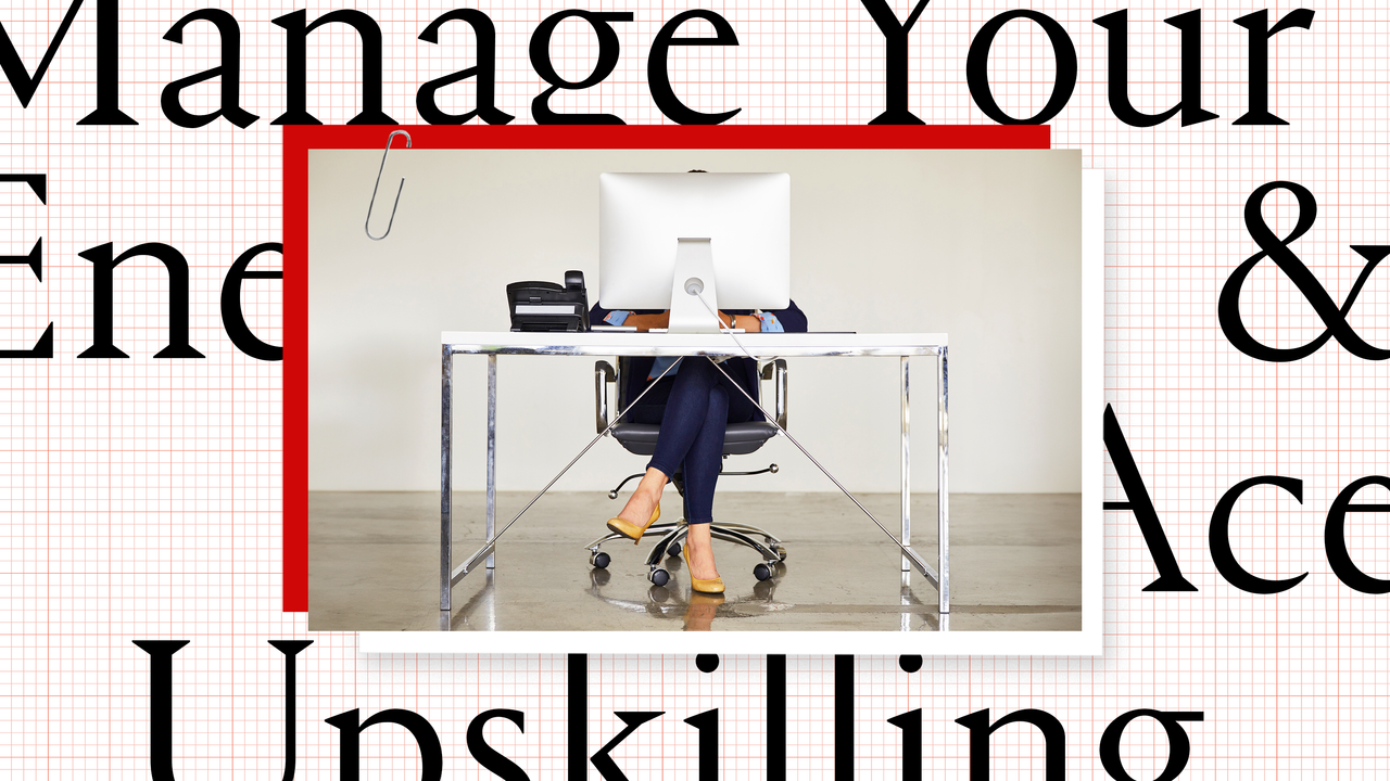 A collage art of a photo of a woman in business attire sitting at the desk with a computer. In the background, there are text saying &quot;Manage your energy&quot; and &quot;Ace upskilling&quot;