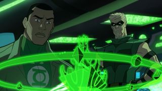 Green Lantern: Beware My Power's John Stewart practicing using his power ring as Green Arrow watches