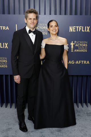 Ryan Piers Williams and America Ferrera attend the 30th Annual Screen Actors Guild Awards at Shrine Auditorium and Expo Hall on February 24, 2024 in Los Angeles, California