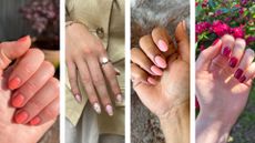 A round up of the Beauty team's May nails: on the left, is a close-up of Digital Beauty Editor, Fiona McKim's short peach nails, followed by a picture of Digital Beauty Writer, Sennen Prickett's lemon and hibiscus French Tip nails and Digital Beauty Ecom Editor, Aleesha Badkar's pink almond nails. Then, on the right is a close-up of Digital Beauty Writer, Naomi Jamieson's berry red square nails/ all featured in a four-picture template.