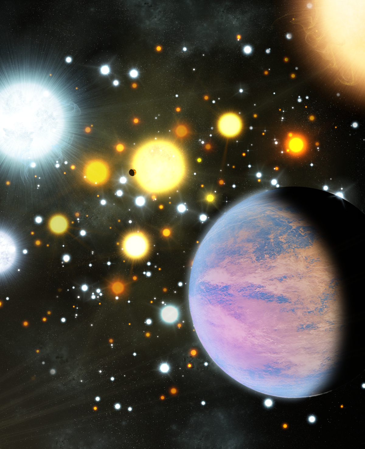 Stars swarm in a cluster, framed by planets