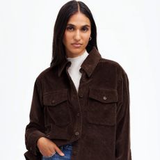 Model wearing Madewell brown Corduroy Relaxed Shirt-Jacket.