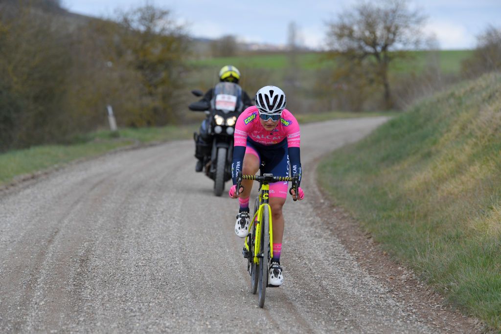 SIENA ITALY MARCH 06 Elena Pirrone of Italy and Team Valcar Travel Service during the Eroica 7th Strade Bianche 2021 Womens Elite a 136km race from Siena to Siena Piazza del Campo Breakaway Gravel strokes StradeBianche on March 06 2021 in Siena Italy Photo by Luc ClaessenGetty Images