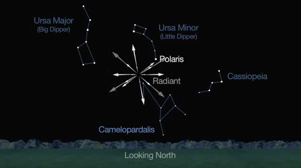 This sky map from a NASA video shows the location of the new &quot;Camelopardid&quot; meteor shower spawned by the Comet 209P/LINEAR, which will make its first appearance in Earth&#039;s night sky overnight on May 23 and 24, 2014. The meteor shower will appear to radiat