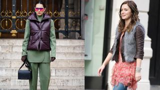 Composite image of how to style a gilet over a leather jacket or blazer