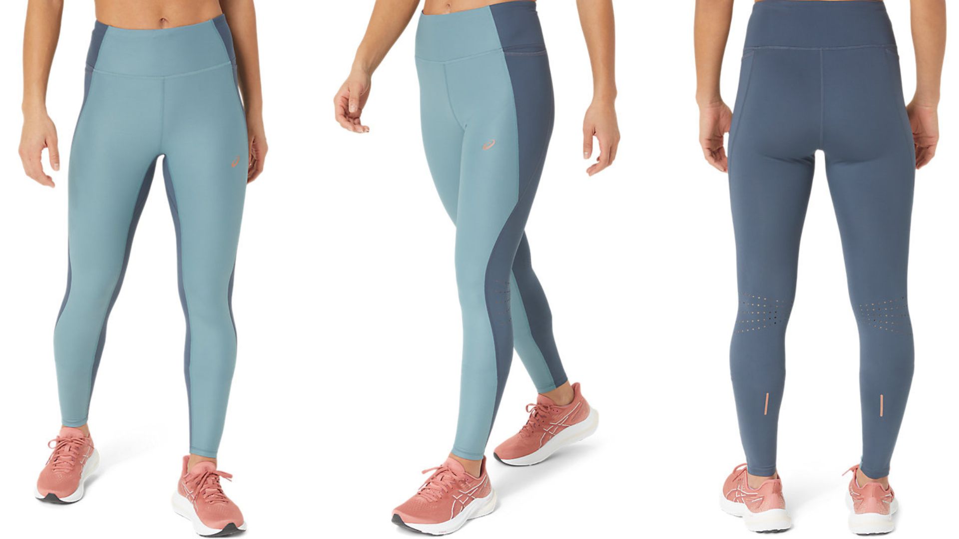Women's Asics Nagino Run Tight in foggy teal/tarmac worn by model, front, side and back views