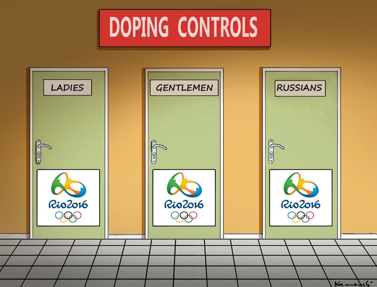 Editorial cartoon World Olympics Rio Russians doping bathrooms