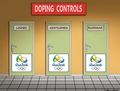 Editorial cartoon World Olympics Rio Russians doping bathrooms