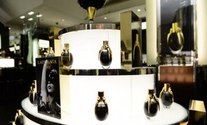 Lady Gaga's debut fragrance on display at Harrods, London.