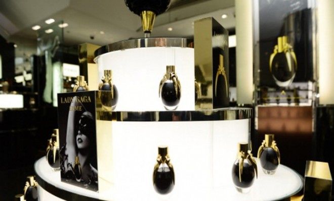 Lady Gaga&amp;#039;s debut fragrance on display at Harrods, London.