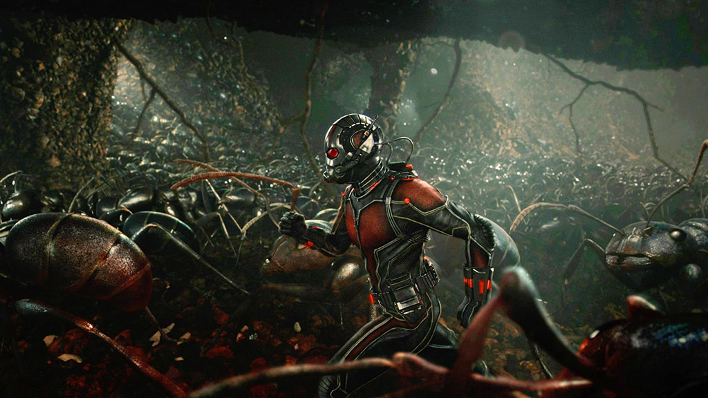 Ant-Man leads an army of ants through an underground tunnel in his 2015 Marvel movie
