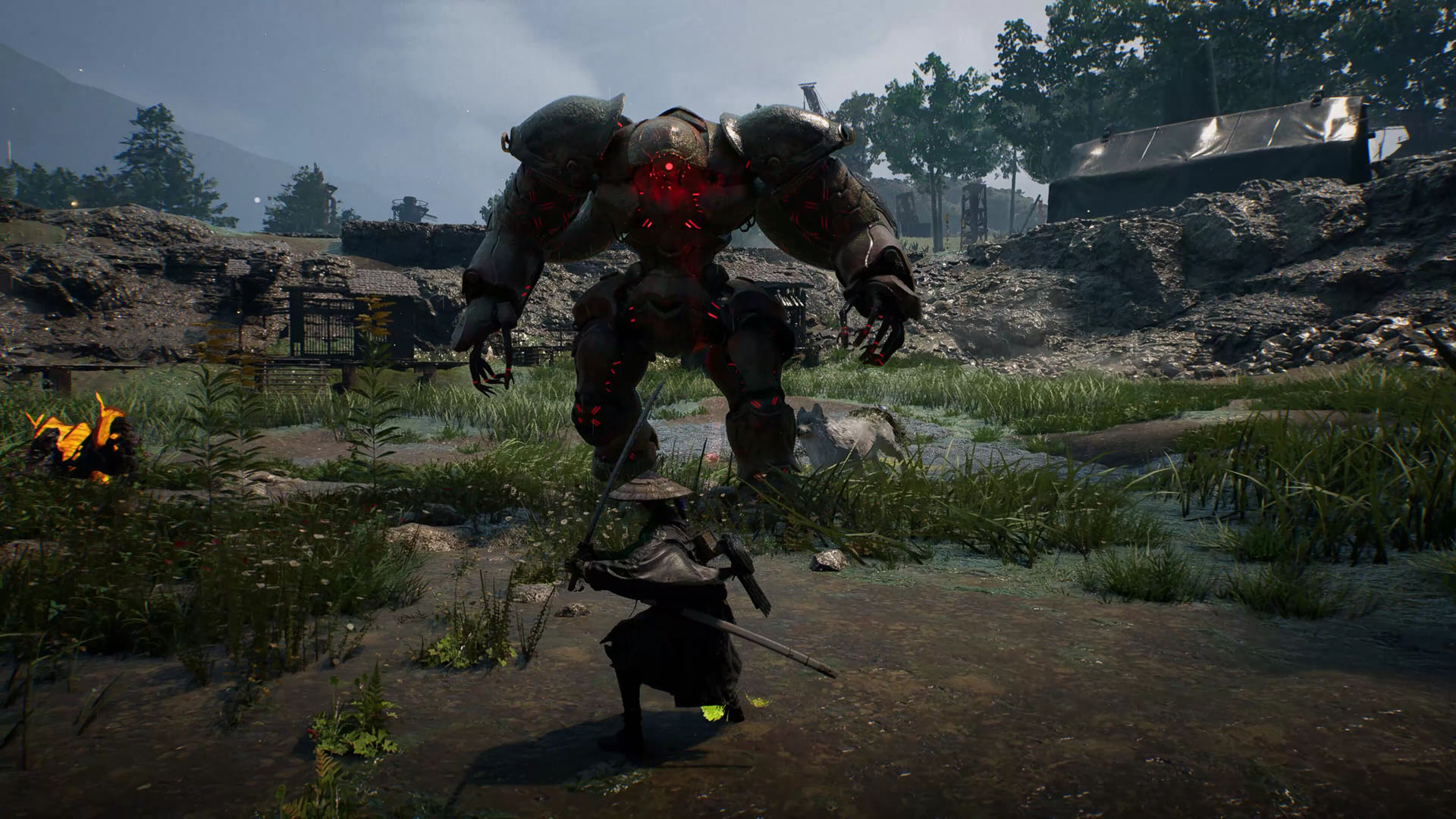 Emma prepares to draw a sword as she fights a huge robot in Beast of Reincarnation