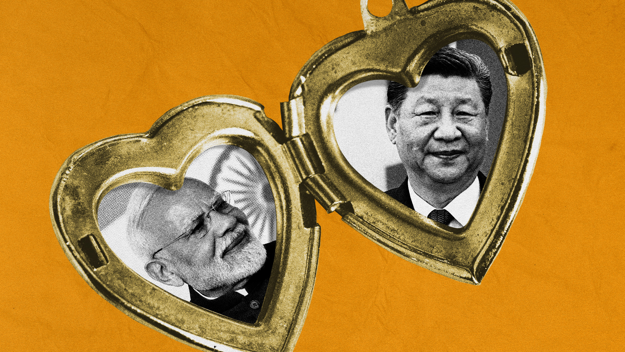 Photo collage of Narendra Modi and Xi Jinping on either side of a heart-shaped locket, smiling at each other, on an orange background.