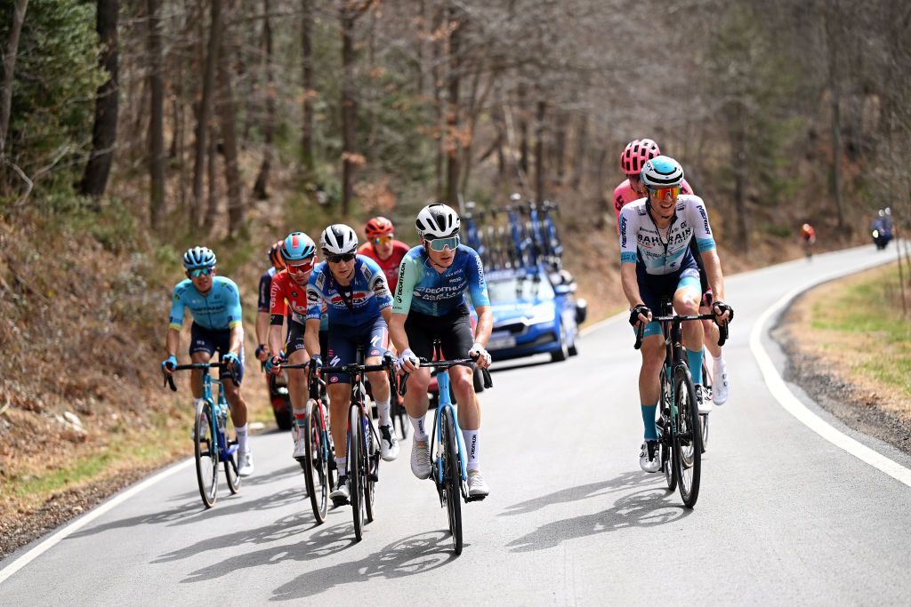 PORT AINE SPAIN MARCH 20 LR Harold Tejada of Colombia and Team AstanaQazagstan Andreas Kron of Denmark and Team LottoDstny Mauri Vansevenant of Belgium and Team SoudalQuick Step Nicolas Prodhomme of France and Team DecathlonAG2R La Mondiale and Jack Haig of Australia and Team BahrainVictorious compete in the breakaway during the 103rd Volta Ciclista a Catalunya 2024 Stage 3 a 1767km stage from Sant Joan de les Abadesses to Port Aine 1967m UCIWT on March 20 2024 in Port Aine Spain Photo by David RamosGetty Images