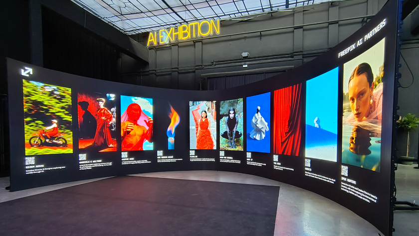 A wraparound screen showing multiple AI images under a banner reading &#039;AI Exhibition&#039; during Freepik Upscale Malaga