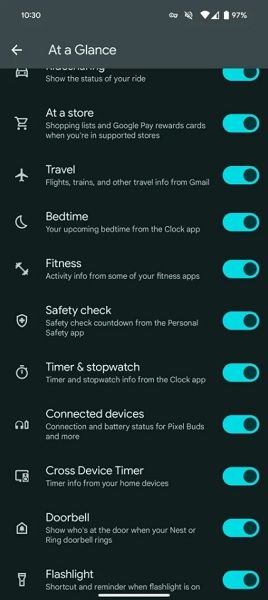 The final few options found within the At a Glance widget's new unified settings view.