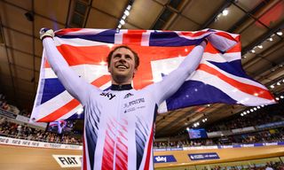 Jason Kenny celebrates his worlds sprint victory