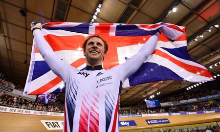 Jason Kenny celebrates his worlds sprint victory