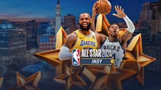 Lebron James and Giannis Antetokounmpo in key art for NBA All Star Weekend 2024