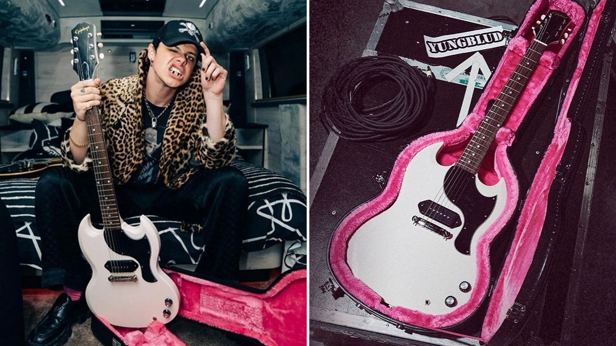 Yungblud holds his signature Epiphone SG Junior (left), the Epiphone SG Junior in question