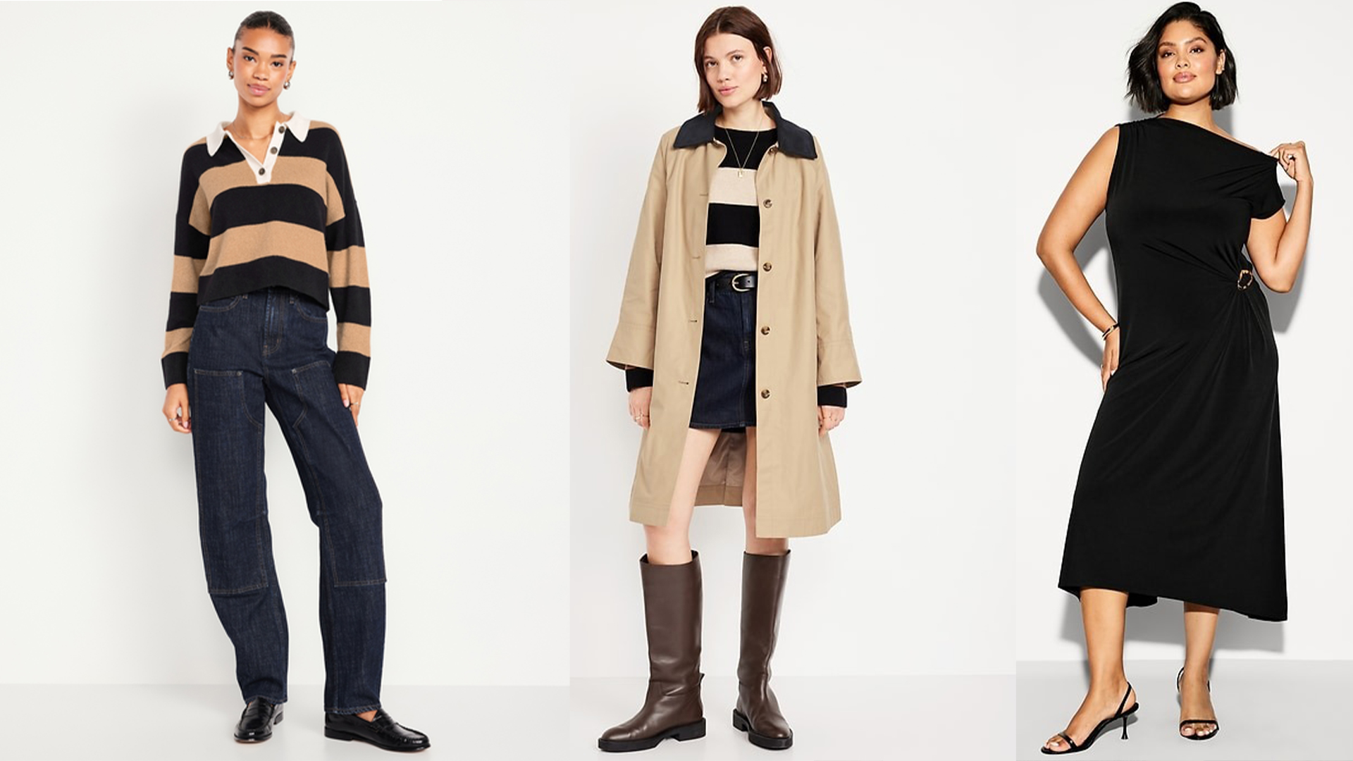 model wears rugby shirt and utlity denim and loafers, another model wears trench coat with contrast collar a striped sweater, black skirt and tall brown riding boots, and last model wears black dress with gold hardware and heels