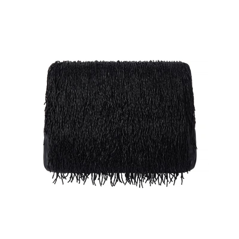 black clutch bag with fringed front